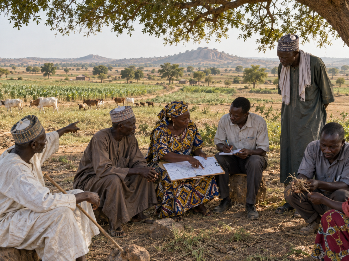 Herders, farmers and community leaders seated under a tree in discussion with rSUDiN staff over a hand-drawn map of grazing corridors
