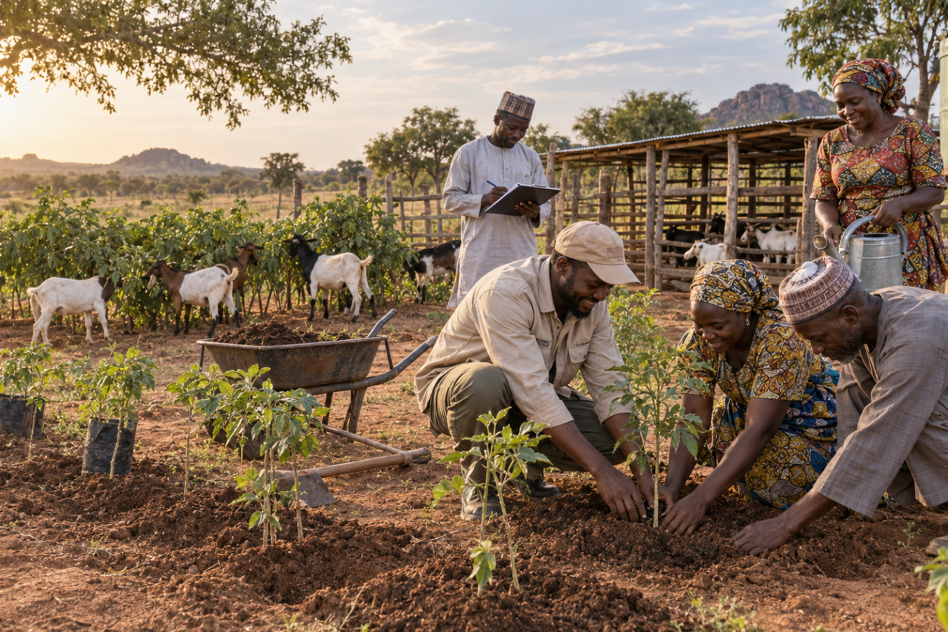 An rSUDiN field officer and community members planting tree seedlings together at dusk, with a livestock pen and goats behind them