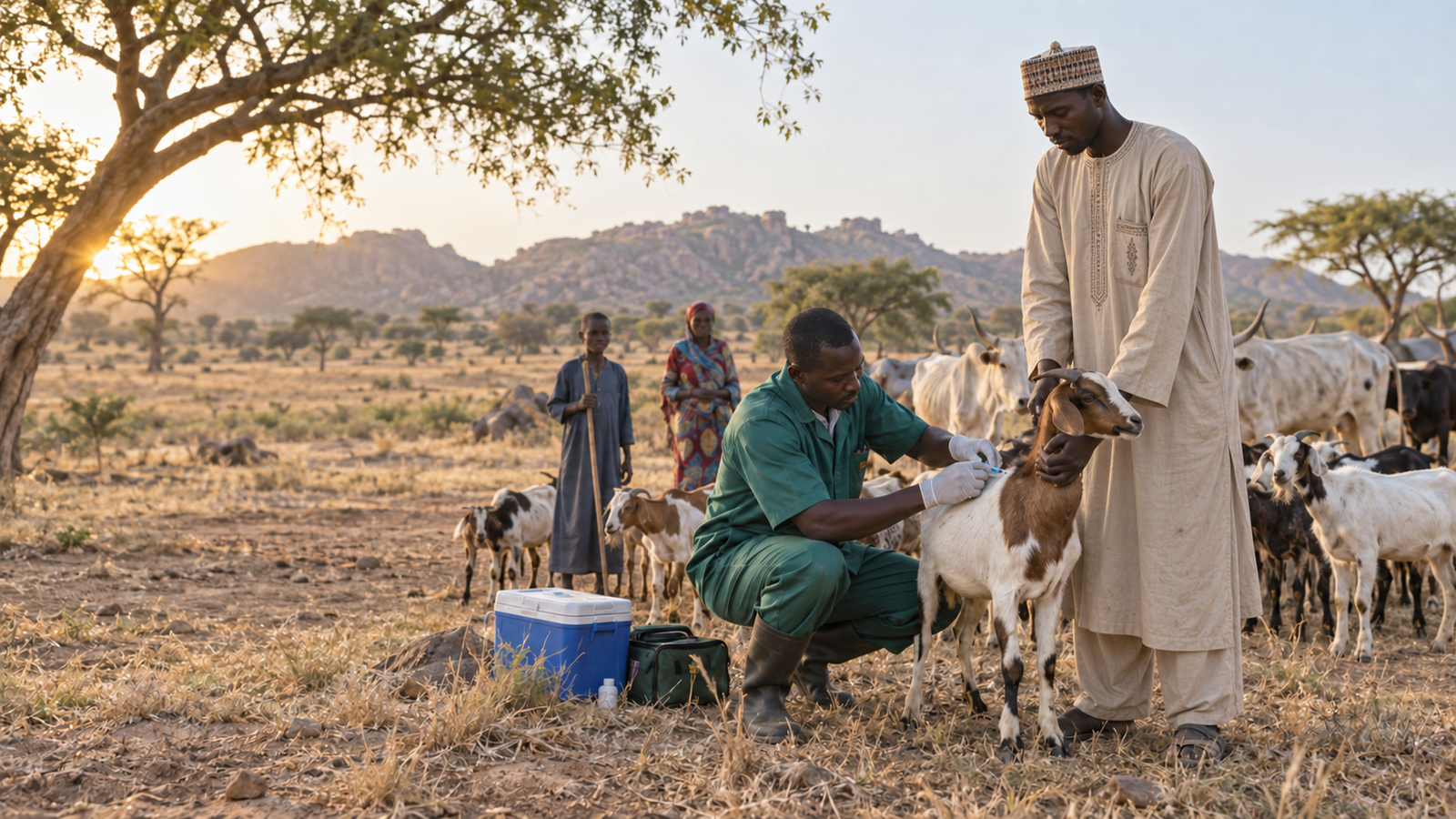 A community animal health worker vaccinates a goat held by its herder, with the household and herd looking on at dusk