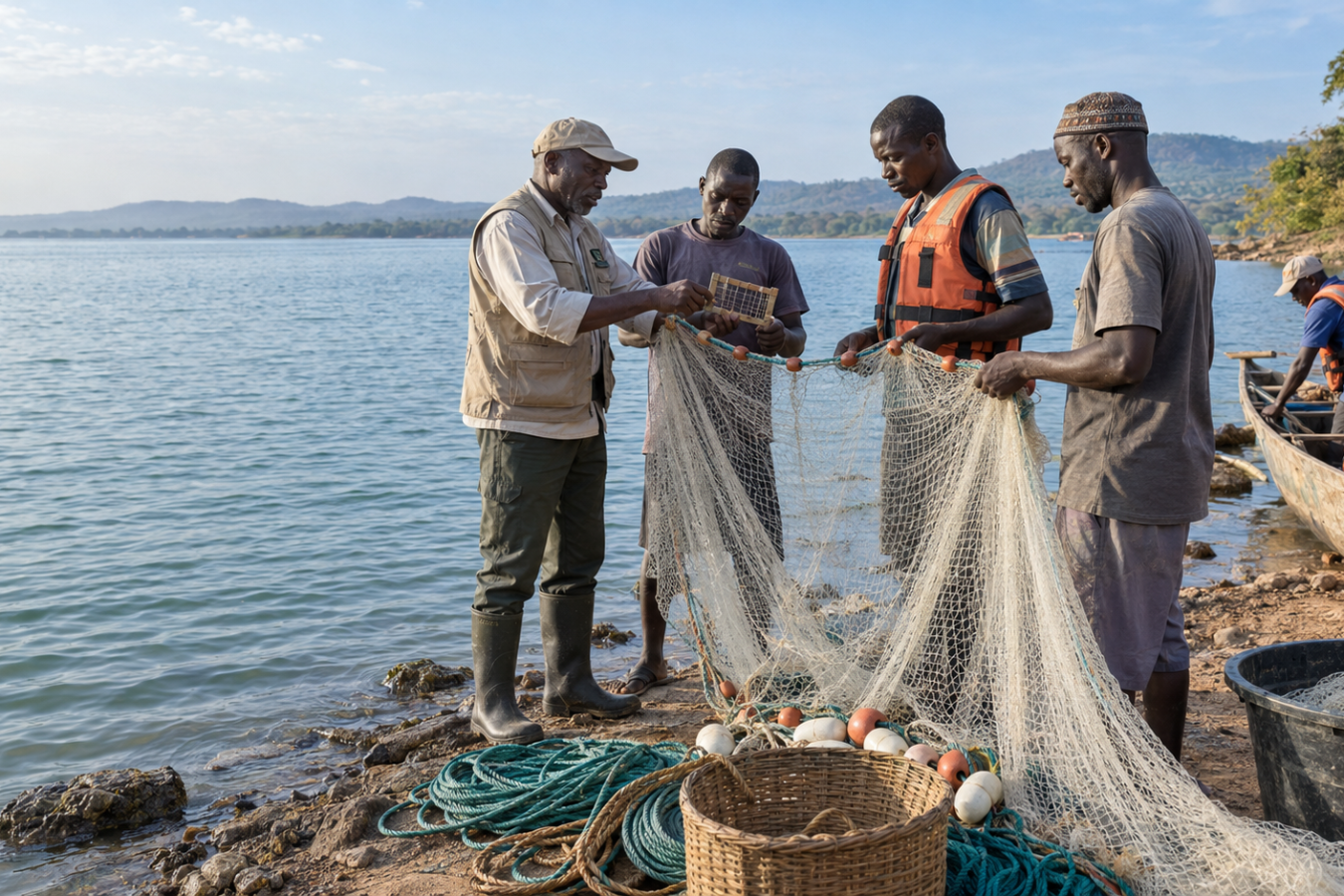 An extension officer checks mesh size against a gauge while fishermen hold their net open at the Kainji Lake shoreline