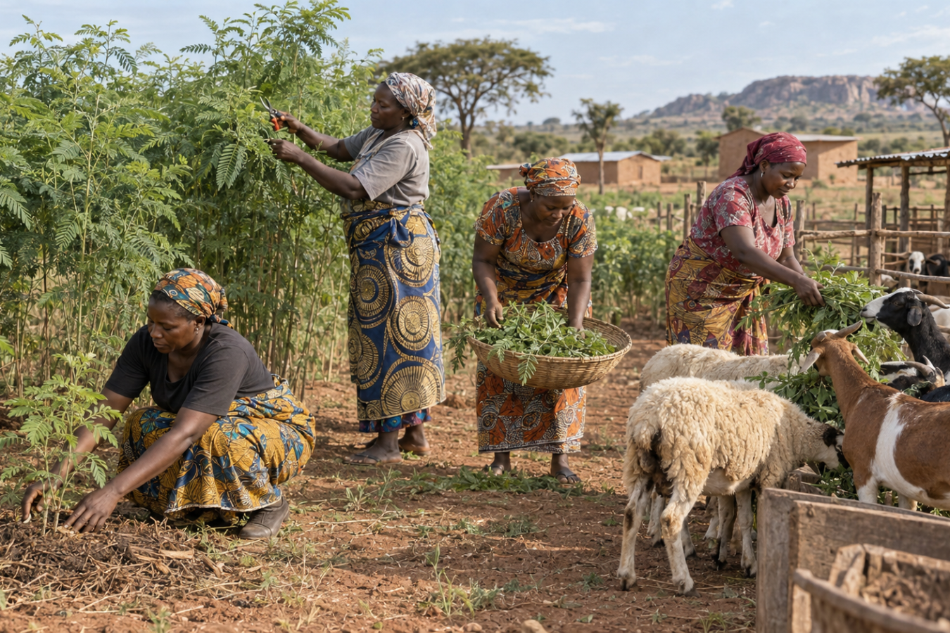 Women cutting and carrying fodder from Leucaena rows to feed sheep and goats at the household pen