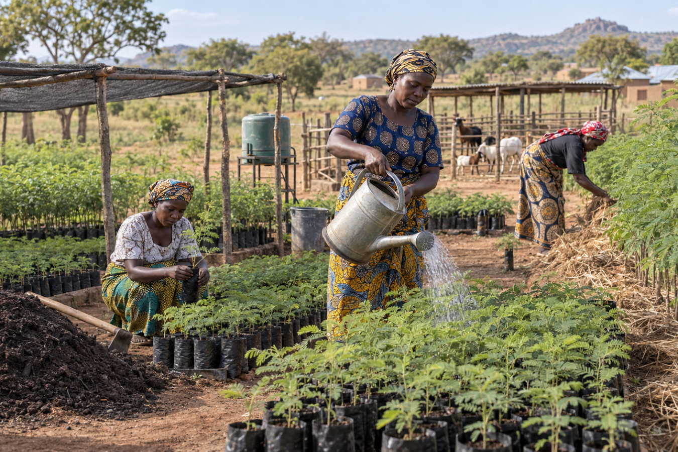 Women watering and tending Leucaena seedlings in a community tree nursery, with sheep and goats penned behind