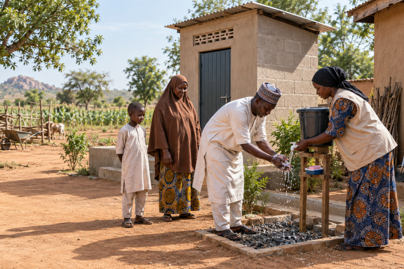 A household member washes his hands at a tippy-tap station beside a newly built latrine, with a hygiene promoter pouring water and the family looking on