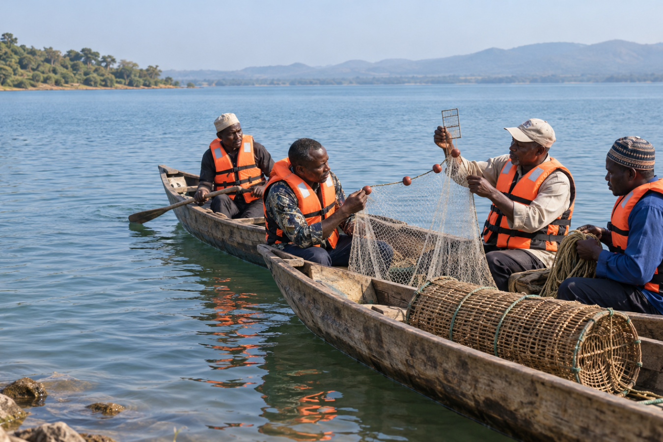 An extension officer holds a mesh gauge up against a gill net while fishermen in life jackets inspect it from their canoes on Kainji Lake